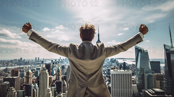 Excited businessman celebrates with his fists in the air with the city in the background