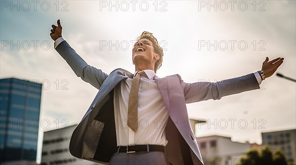 Excited businessman celebrates with his fists in the air with the city in the background