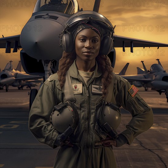 Proud young pilot stands in front of her F 14 fighter plane