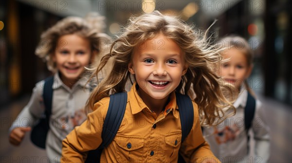 Excited young children laughing and running down the hallway of thier school