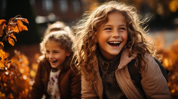 Warmly dressed children laughing enjoying the fall day