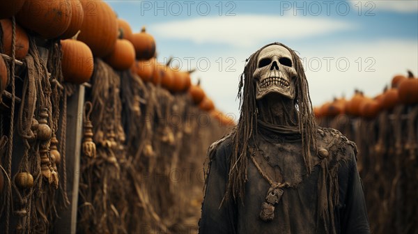 Spooky halloween skeleton scarecrow figure amidst the pumpkins in the field