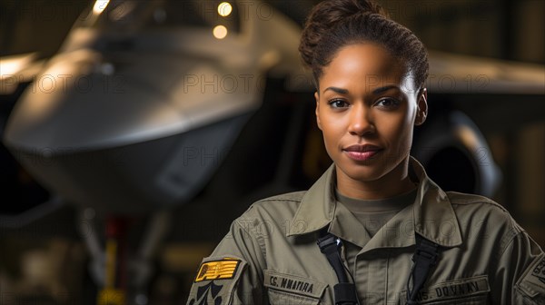 Female african american fighter pilot soldier stands outside her fighter jet