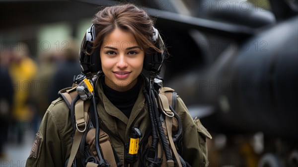 Mixed-race female fighter pilot soldier standing outside her military fighter jet