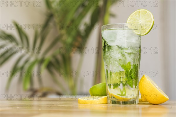 Slices fruits near glass drink with ice herbs board