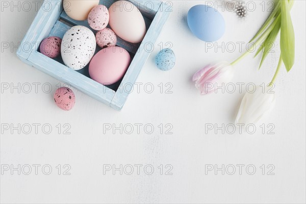 Top view colorful eggs easter with tulips