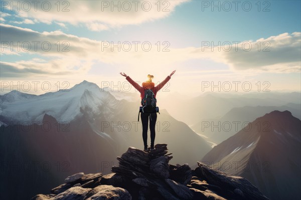 Mountaineer stretches her arms upwards in front of a magnificent Alpine backdrop