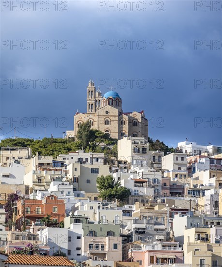 View of the town of Ermoupoli with pastel-coloured houses