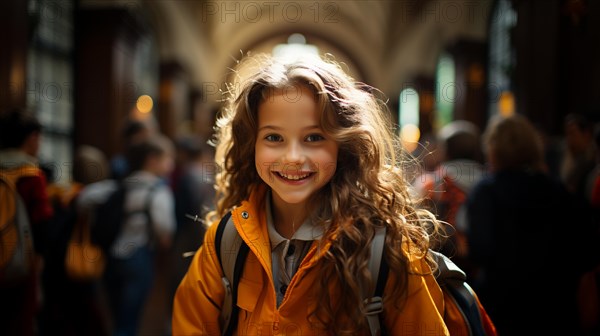 Cute young school girl walking down the hallway of her school