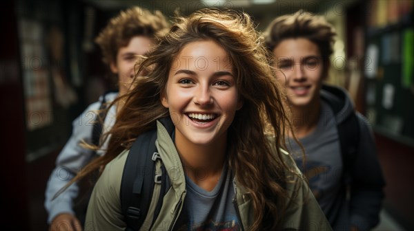 Happy and excited teenaged students walking down the hallway of their school