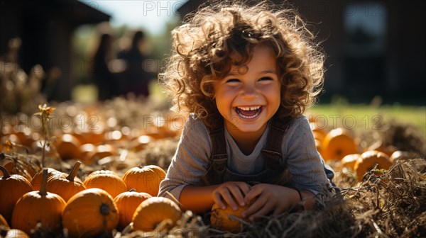 Happy young boy sitting amidst the pumpkins at the pumpkin patch farm on a fall day