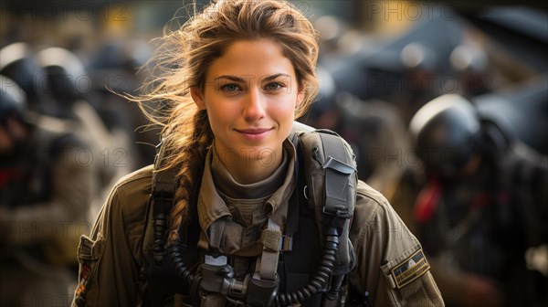 Female fighter pilot soldier standing outside her fighter jet