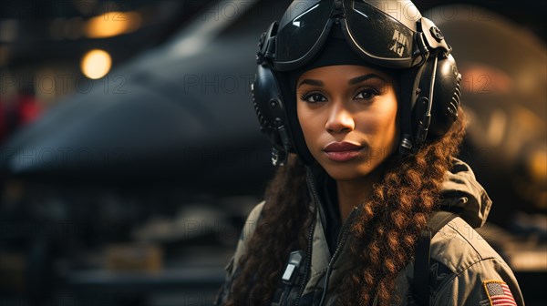 Female african american fighter pilot soldier stands outside her fighter jet