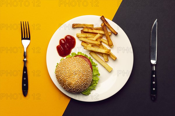 Top view burger with french fries plate