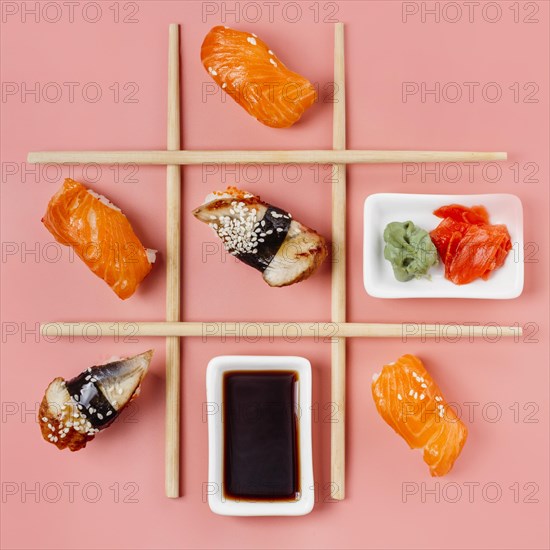Top view traditional japanese sushi arrangement