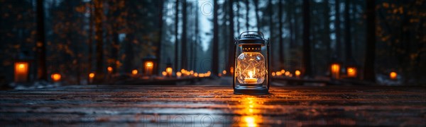 Warm and inviting lit vintage lantern resting on wood planks base outdoors in a winter setting. generative AI