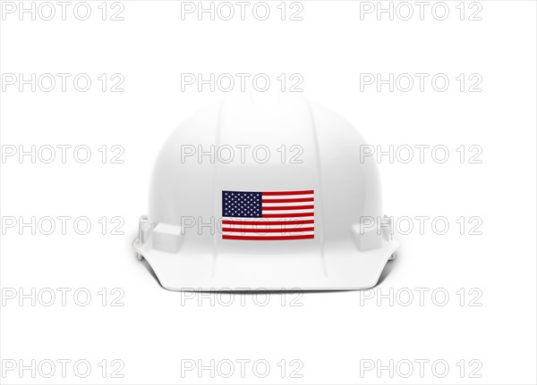 White hardhat with an american flag decal on the front isolated on white background