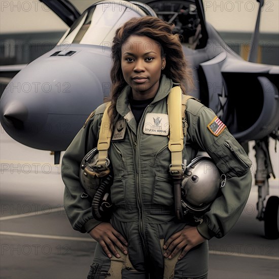 Proud young pilot stands in front of her F 14 fighter plane