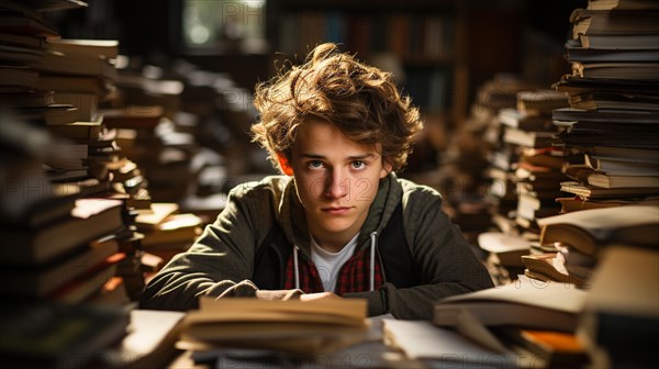 Young boy student sitting stunned and overwhelmed amidst a never ending pile of books and papers surrounding him