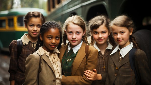 Retro style nastalgic young girls standing near the school bus