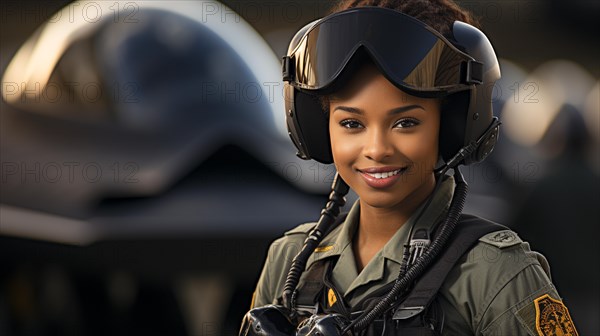 Female african american fighter pilot soldier stands outside her fighter jet