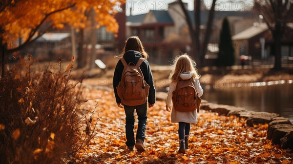 Two young children wearing backpacks walking to school on a beautiful fall morning