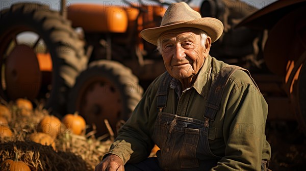 Pumpkin farmer amidst his pumpkin harvest on a fall day