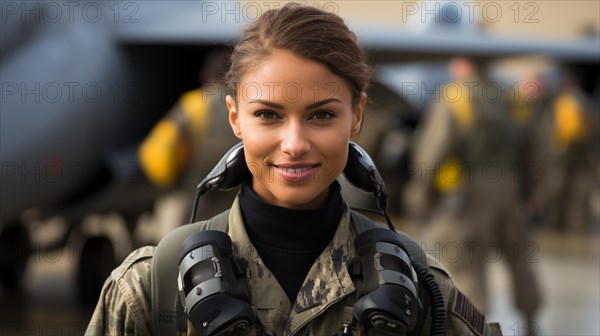 Mixed-race female fighter pilot soldier standing outside her military fighter jet