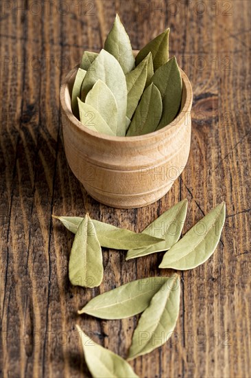 High angle bay leaves bowl