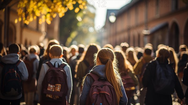 Back view behind children with backpacks walking to school on a fall morning