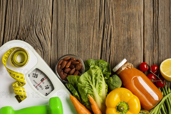 Flat lay groceries scale wood table