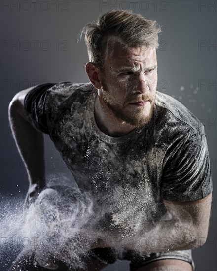 Front view athletic male rugby player holding ball with dust