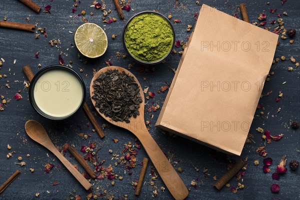 Mock up paper bag asian tea matcha ingredients