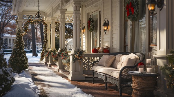 Beautiful christmas decorated front door and porch of a house on a winter evening. generative AI