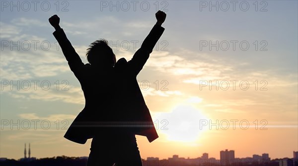 Excited businessman celebrates with his fists in the air with the city in the background