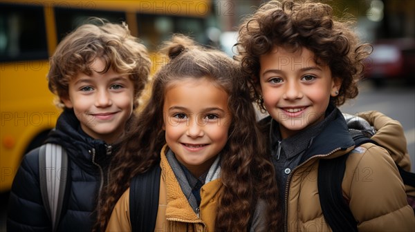 Happy and excited young children students walking on the campus of their school