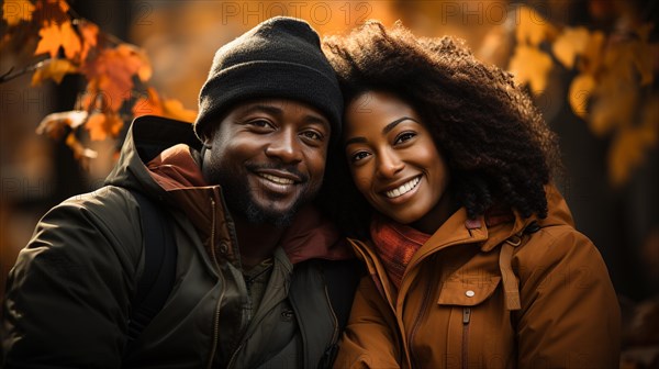 Happy warmly dressed young loving african american couple laugh as they enjoy the beautiful fall leaves in the park