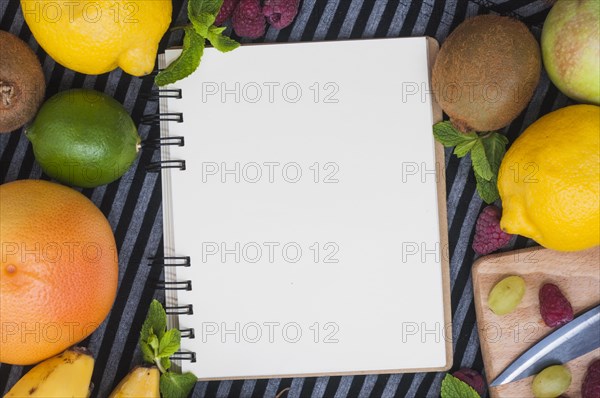 Overhead view blank white spiral notepad with various fresh fruits