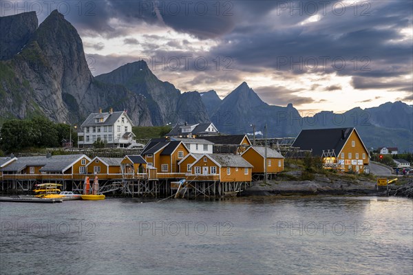 Traditional yellow rorbuer cabins on Sakrisoya Island