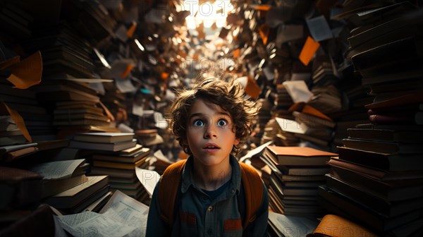 Young boy student sitting stunned and overwhelmed amidst a never ending pile of books and papers surrounding him