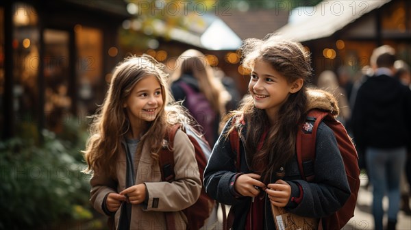 Two young student girlfriends wearing backpacks laughing while walking to school