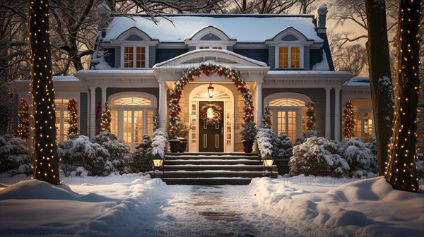 Beautiful christmas decorated front door and porch of a house on a winter evening. generative AI