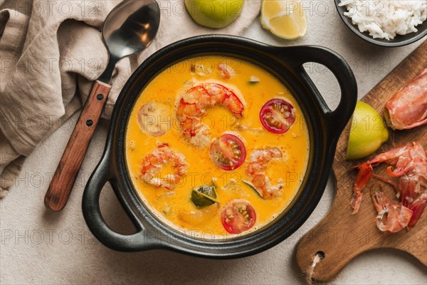 Flat lay delicious shrimp meal