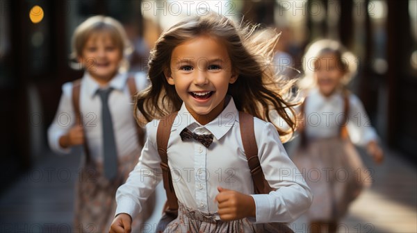 Excited young children laughing and running down the hallway of thier school