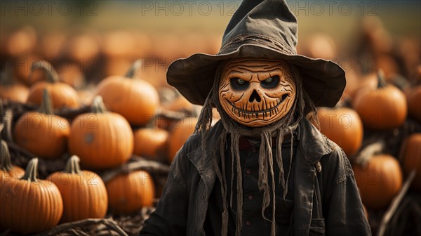 Spooky halloween scarecrow figure amidst the pumpkins in the field