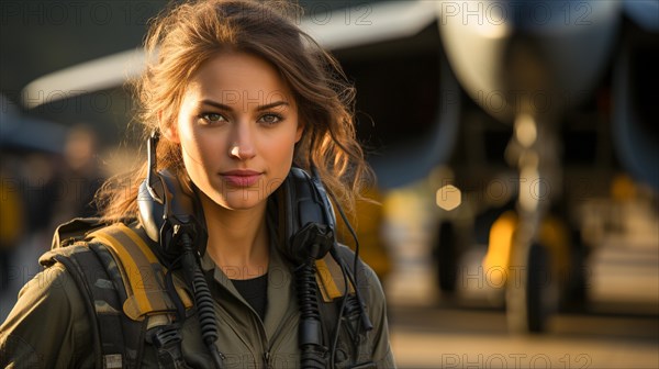 Mixed-race female fighter pilot soldier standing outside her military fighter jet