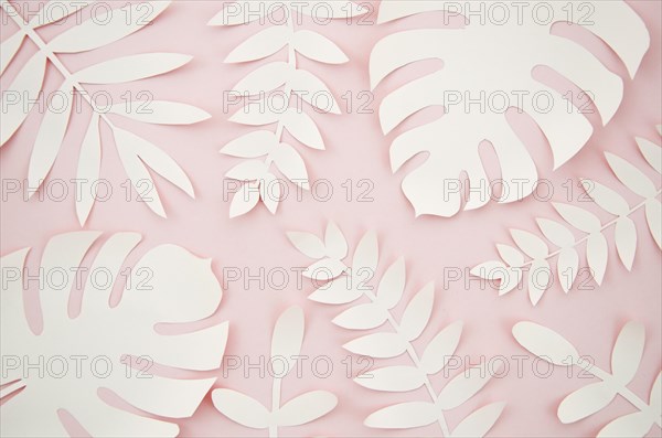 Artificial leaves paper cut style with pink background