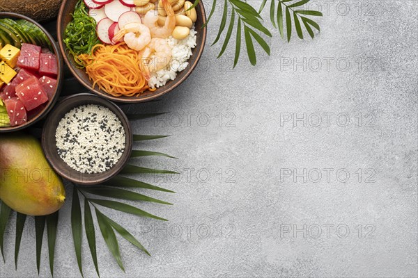 Top view arrangement delicious poke bowl