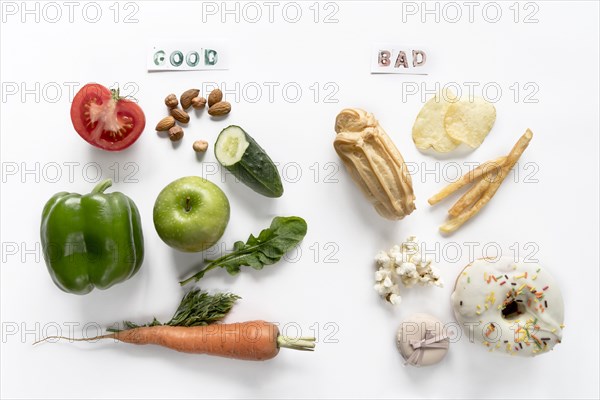 Top view good bad food isolated white background