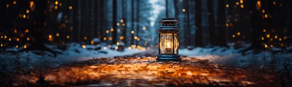 Warm and inviting lit vintage lantern resting on wood planks base outdoors in a winter setting. generative AI